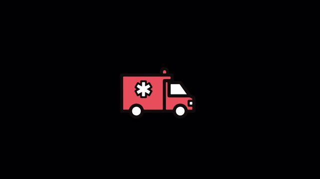 Minimalist red ambulance icon animation on a black background