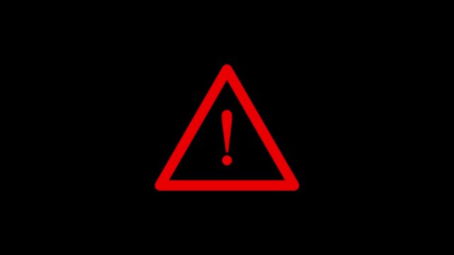 Animated caution sign with flashing exclamation mark icon on a white background. Animated red alert icon for security or system error, Red flashing warning triangle icon. 4k alert error icon looping a