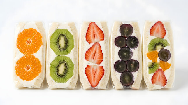 Assorted Japanese fruit sando with fresh strawberries, kiwi, and grapes in fluffy whipped cream. Isolated on white background