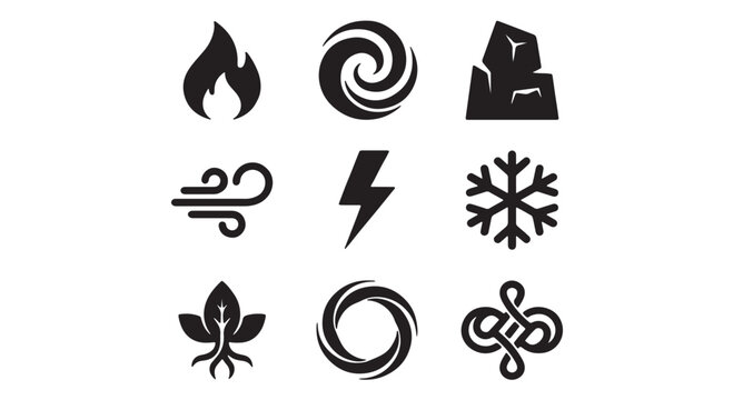 A collection of nine black and white elemental symbols representing fire water earth air lightning ice nature cosmos and spiritual energy