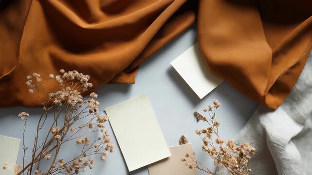 Minimalist flat lay composition with blank beige cards, dried flowers, and soft fabric textures on a white background. Elegant stationery mockup for creative branding projects