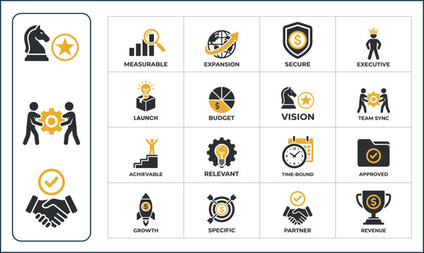 Smart business goals and project management vector icons set for team success and growth.