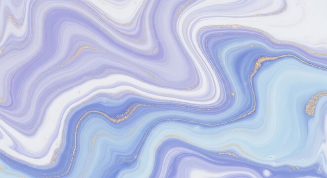 Abstract marble texture with lavender, periwinkle, soft blue and white tones, fluid swirling patterns, fine gold metallic lines, glossy acrylic pour effect, luxury pastel marble background
