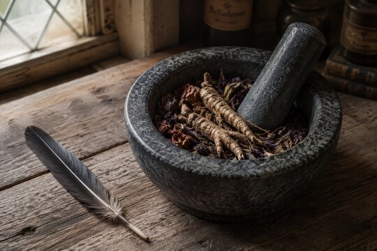 Stone mortar with mandrake roots and petals on a wooden table.