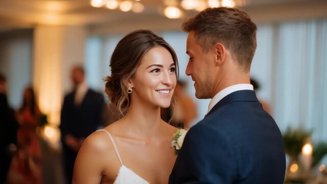 A joyful bride and groom share a loving gaze during their elegant wedding reception, surrounded by warm lights and a festive atmosphere. Their happiness radiates in this romantic moment