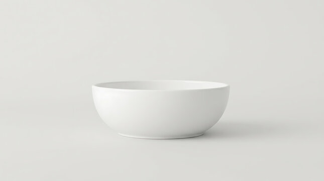 Blank white ceramic bowl mockup for food or kitchenware product presentation isolated on a soft light gray studio background, for branding