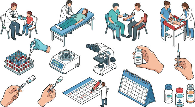 clinical laboratory testing vector elements collection with medical checkup procedures blood analysis tools doctors and patient treatments,