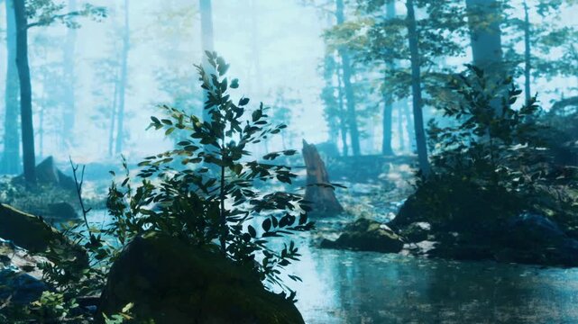 Plants grow near a body of water in a forest. Sunlight filters through the trees creating a bright atmosphere. The area is lush and green, showcasing natures beauty.