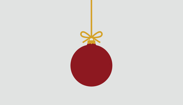 Minimalist Christmas bauble illustration in deep red hanging from a delicate gold string with a neat bow, on grey background.