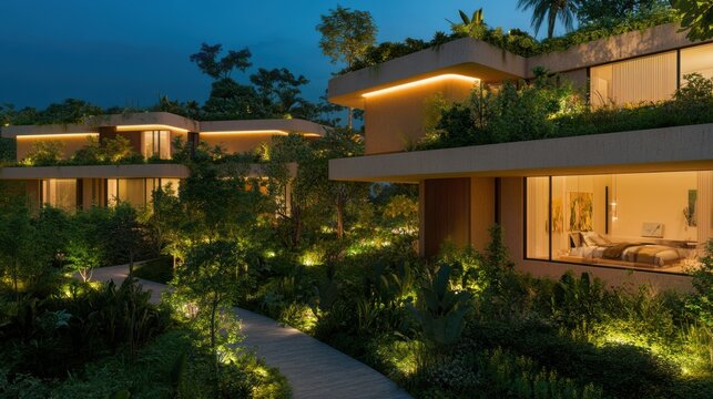 A modern residential complex has lush rooftop gardens lit by soft LED lights. This scene showcases the greenery and architecture during night hours
