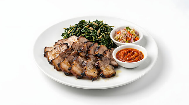 Authentic Indonesian Se'i Babi platter: smoky sliced pork, savory cassava leaves, and spicy sambal, isolated on white
