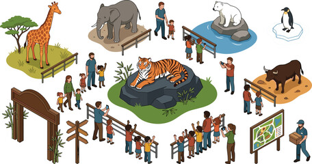 zoo map and safari park vector elements set with wild animals family visitors enclosures and tourist signs, © Utpal