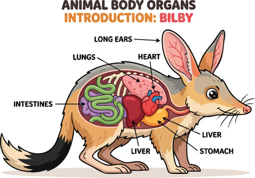 Anatomical diagram of a bilby with internal organs and labels