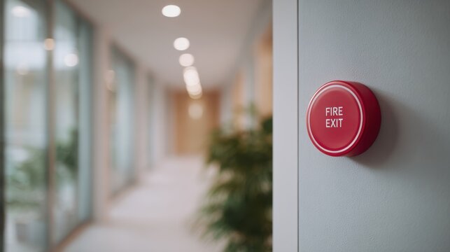 A red fire exit alarm sign is positioned on a security door in a corporate hallway. The sign highlights the need for safety compliance in the office environment
