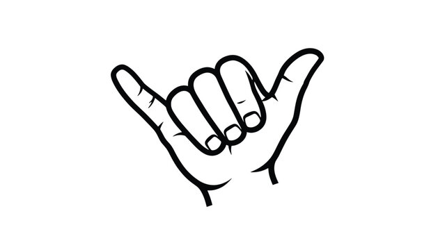 Line art illustration of a hand gesture showing the shaka or hang loose sign, isolated on a solid white background.