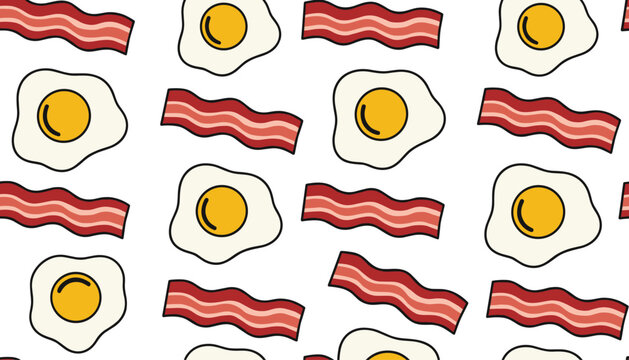 Delicious breakfast seamless pattern features repeating strips of crispy bacon and fried sunny-side-up eggs on white.
