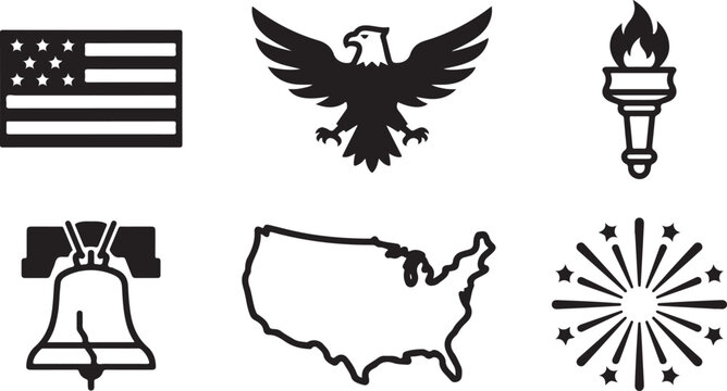Black and white patriotic icons set with eagle, flag, bell, torch, map, and fireworks Vector