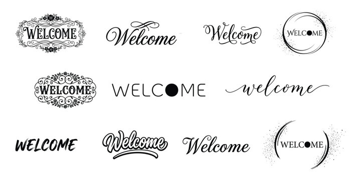 Hand-drawn welcome text in various fonts and styles