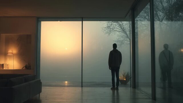 A solitary man stands by a large glass window, gazing at a misty sunrise outside a modern minimalist home. The tranquil scene evokes feelings of reflection and peaceful solitude