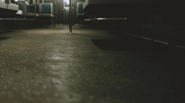 A subway train car shows an empty interior. The floor is wet with lights illuminating the space. There are no passengers in sight.
