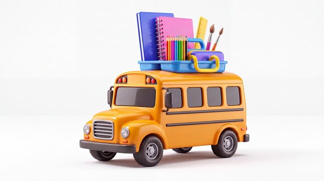 3D render of a stylized yellow school bus carrying notebooks, pencils, and rulers on a white background. Perfect for back to school concept.