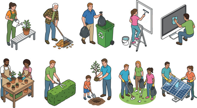 Isometric community chores and environmental volunteer vector elements set with gardening recycling cleaning and solar panel installation people