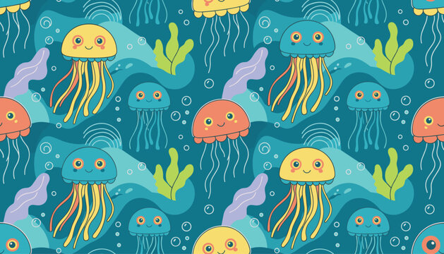 Seamless pattern featuring cute cartoon jellyfish swimming under the sea with bubbles and seaweed in a playful aquatic design.