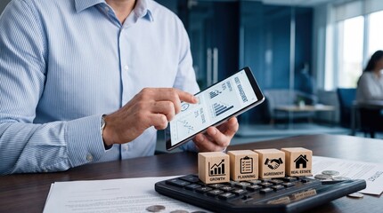 Fototapeta premium Man using tablet for asset management and financial planning with calculator and wooden blocks representing growth