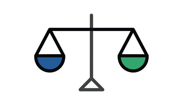 Balance scales of justice icon representing equality and law with blue and green bowls on a white background.