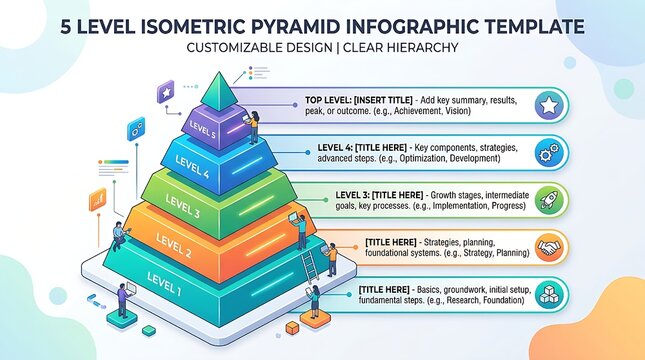 Five level isometric pyramid infographic template featuring horizontal banners extending from each 