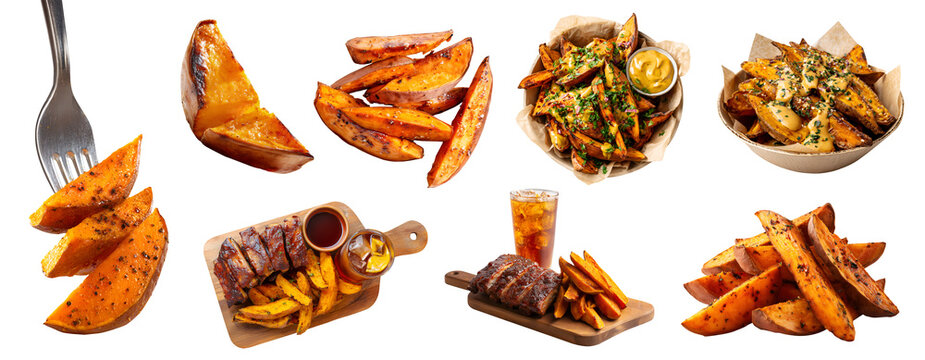 Set of stack pile of golden sweet potato potatoes wedges wedge slices, serving board with grilled bbq ribs and iced tea, takeout bowl seasoned with spicy mayo sauce, transparent cutout PNG Mockup
