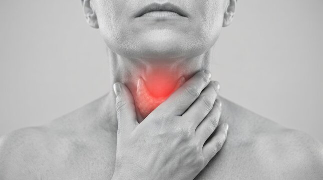 Adult person clutching a painful inflamed thyroid gland experiencing chronic neck discomfort.