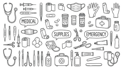 Naklejka premium Adobe IllusMedical Supplies and Emergency Icons – High‑Resolution Illustration Representing Healthcare, First Aid, and Safety Equipment for Hospitals, Clinics, and Creative Projectstrator Artwork