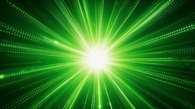 Bright green abstract light burst with radial rays and dotted patterns
