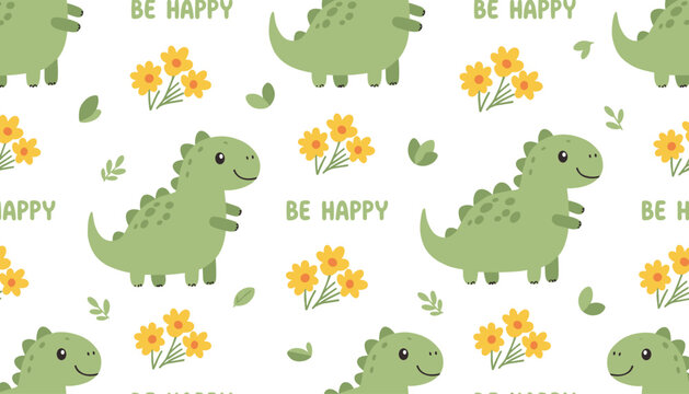 Cute seamless pattern featuring friendly green dinosaurs, yellow flower bouquets, and motivational be happy text.