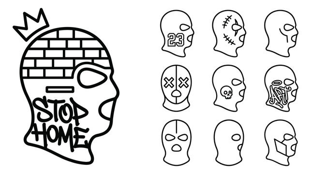 Balaclava mask head icons with graffiti art brick patterns and street culture decorations.