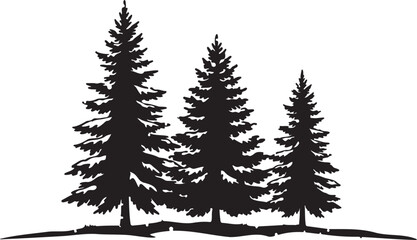 Obraz premium Silhouette of evergreen pine trees on rolling ground, isolated on white background, perfect for forest landscapes, wilderness scenes, forestry, nature, and outdoor design projects.