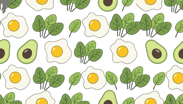 Healthy breakfast seamless pattern featuring fried eggs, fresh avocado halves, and green spinach leaves on white.