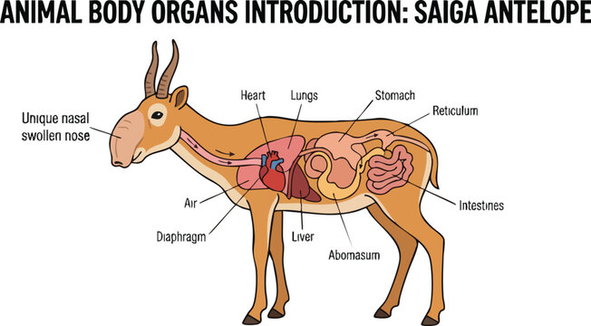 Anatomical illustration of a Saiga antelope in profile displaying key internal organs and its distinct nasal structure