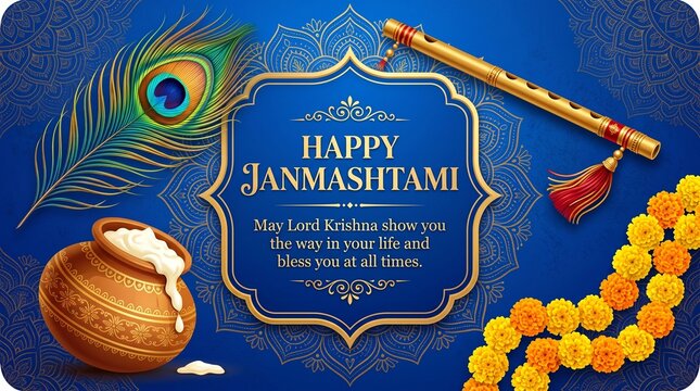 Happy Janmashtami Vector Greeting Card with Lord Krishna Dahi Handi Pot, Flute, and Peacock Feather on Blue Mandala Background