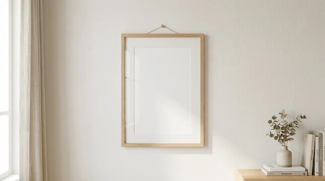Blank wooden picture frame mockup hanging on a clean white wall with natural light and minimalist home interior decor, ready for artwork display in a modern living space