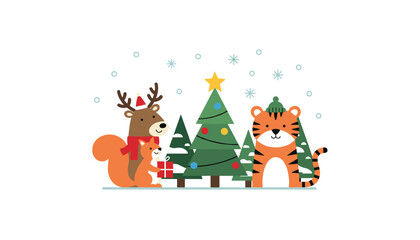 Fototapeta premium Whimsical Christmas illustration of forest animals like deer, squirrel, and tiger celebrating by pine trees.