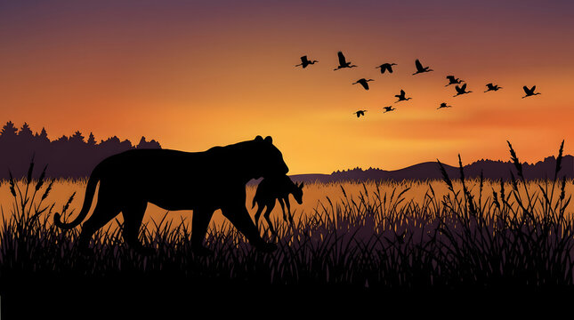 Silhouette of a mother lioness carrying her cub in her mouth during a beautiful sunset in the African savannah