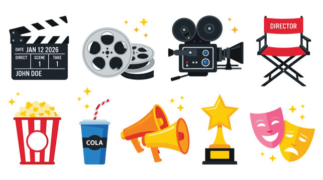 Movie making and film industry flat icons set, cinema elements for director and crew.