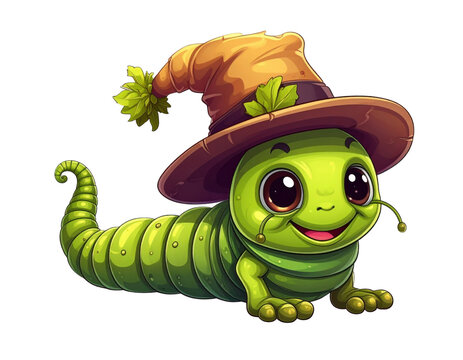 Cute cartoon caterpillar wearing witch hat