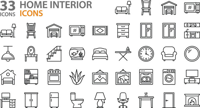 Home interior line icon pack vector illustration with stairs aquarium garage window mirror door and laundry machine