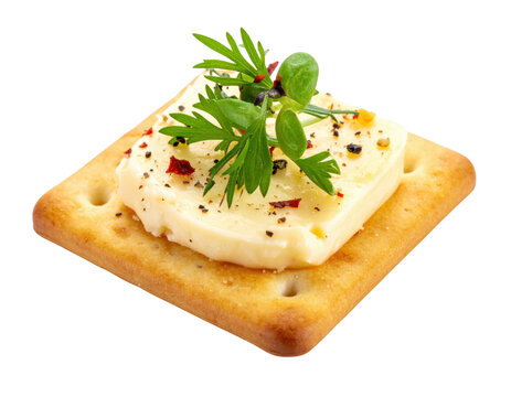 Cracker topped with cheese and fresh herbs