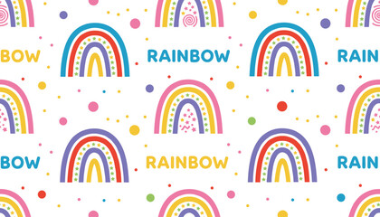 Obraz premium Vibrant seamless pattern featuring colorful cartoon rainbows and rainbow lettering on a white background with stars.