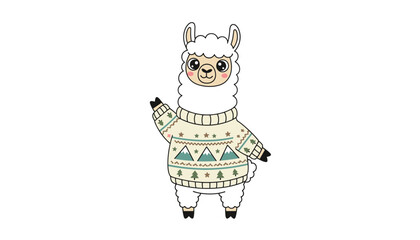 Fototapeta premium Cute cartoon llama wearing a cozy patterned winter sweater with mountains and pine trees waving its hand happily.