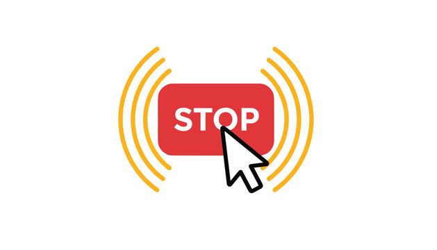 Red stop button with warning signal waves being clicked by a black and white computer cursor arrow on white background.